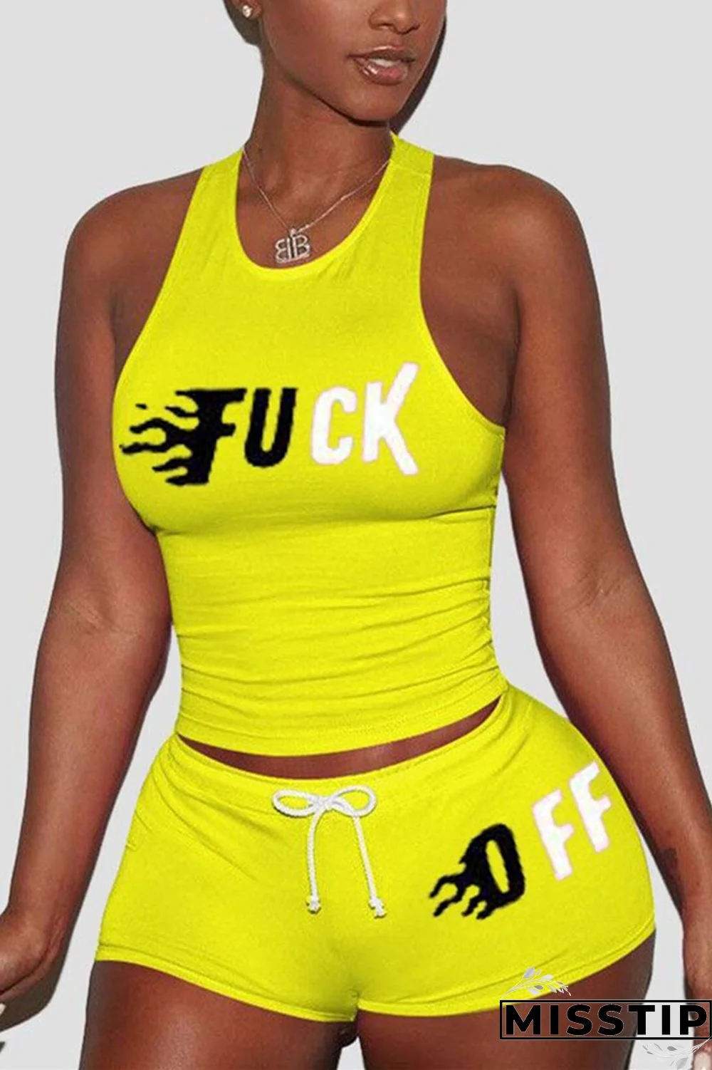 Yellow Fashion Casual Printed Sleeveless Top Sports Set