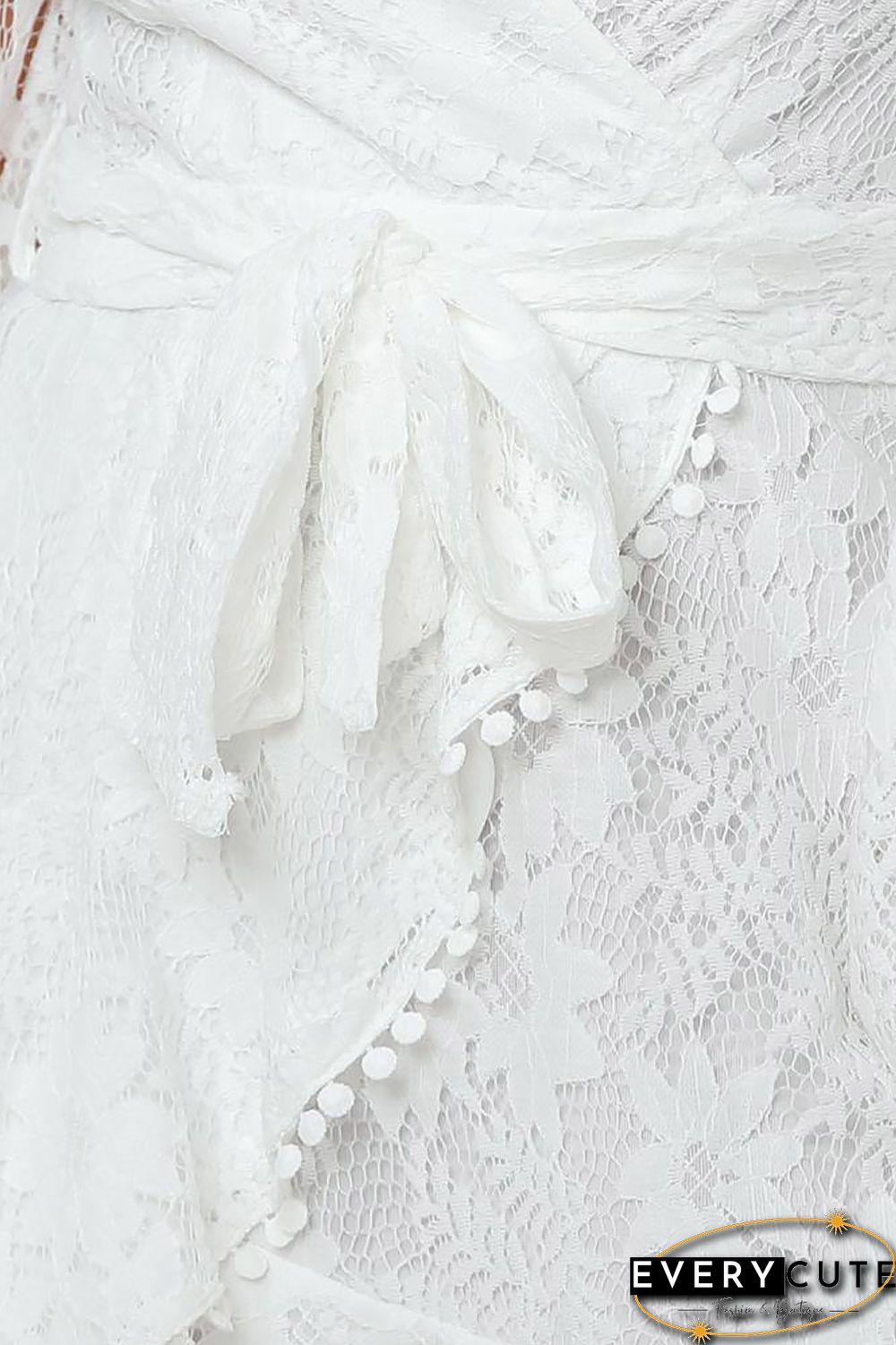 White Wrap V Neck Lace Bubble Sleeve Mini Dress