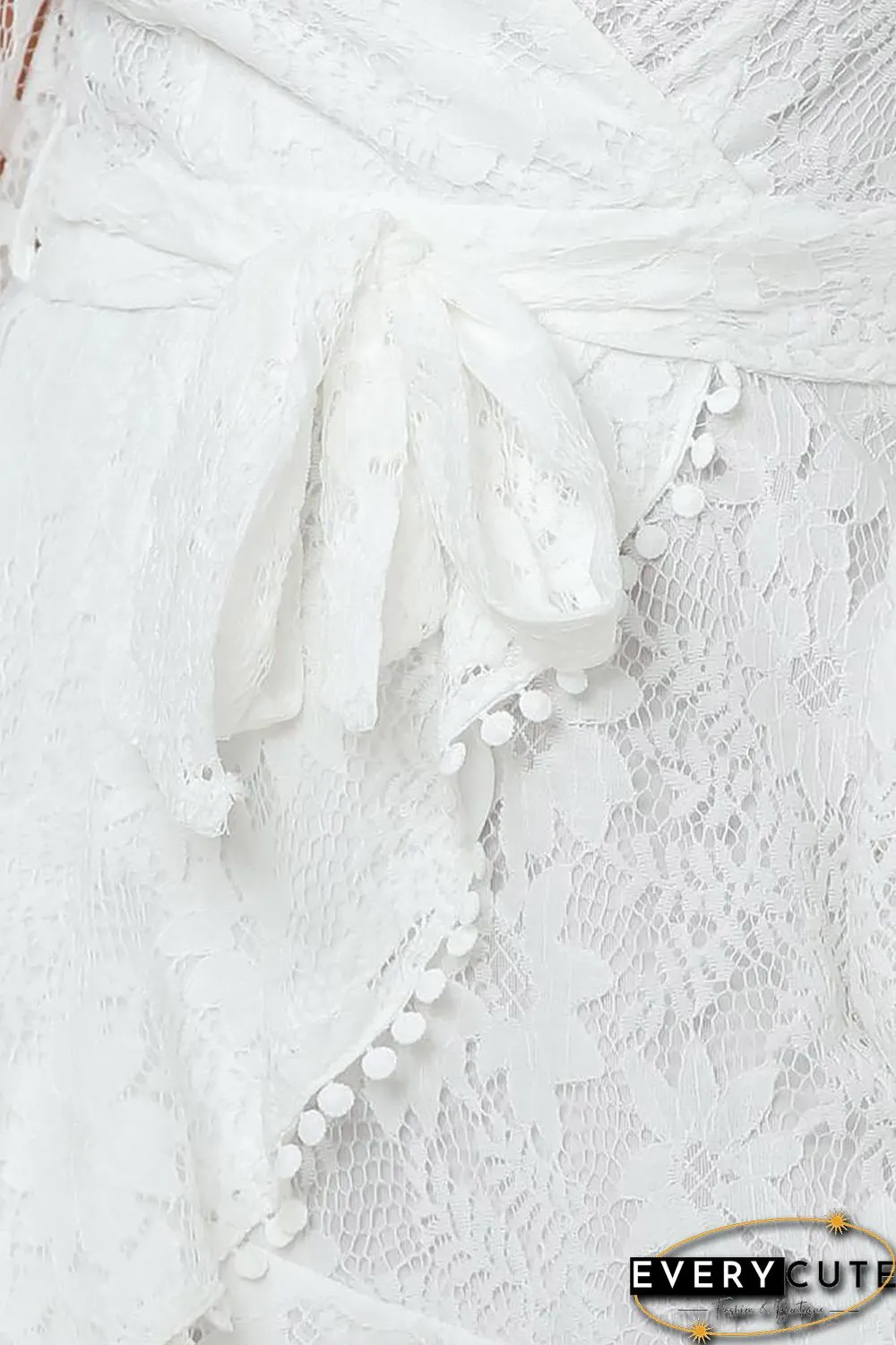 White Wrap V Neck Lace Bubble Sleeve Mini Dress