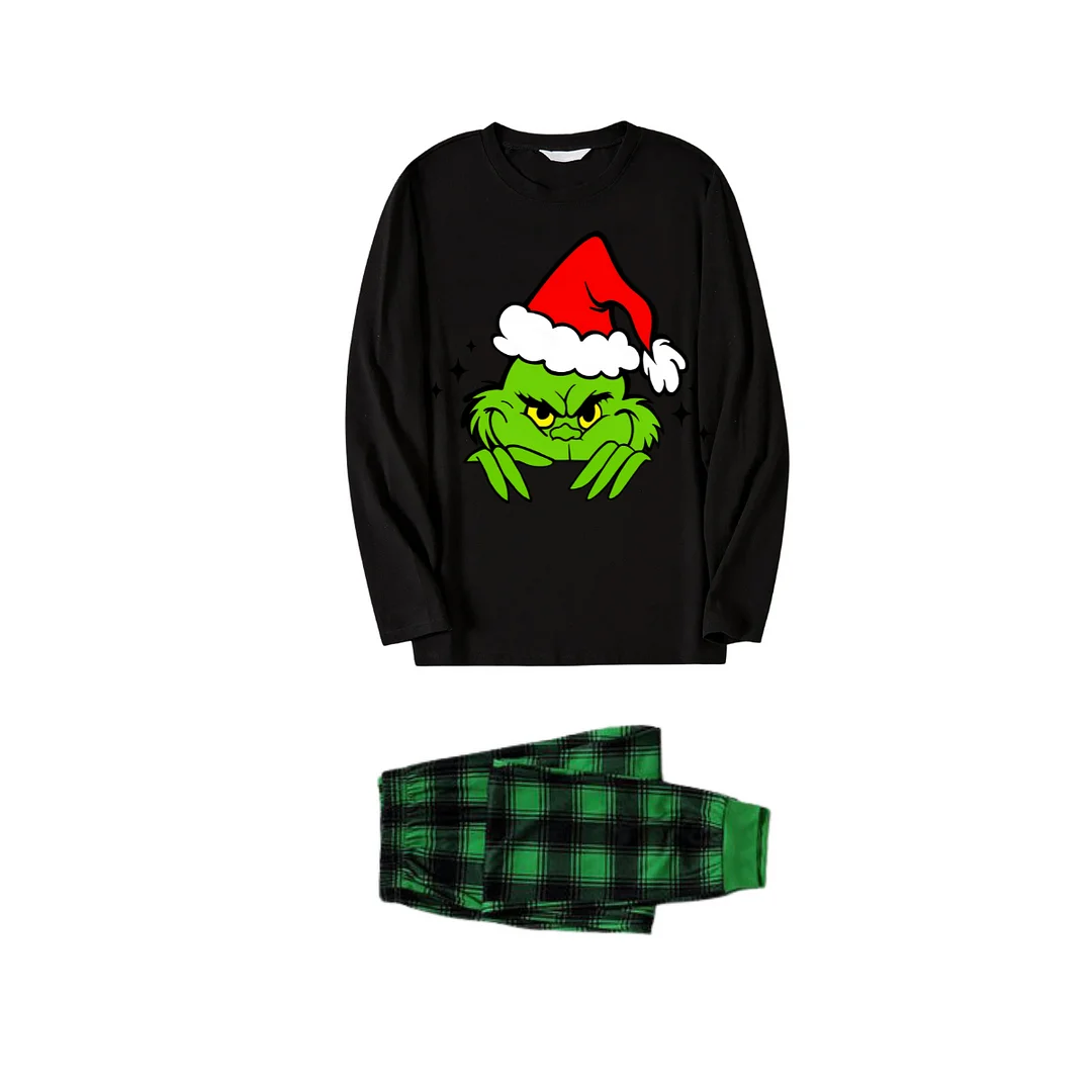 Christmas Cartoon Pattern Print Black Long Sleeve Top with Green and Black Plaid Family Matching Pajamas