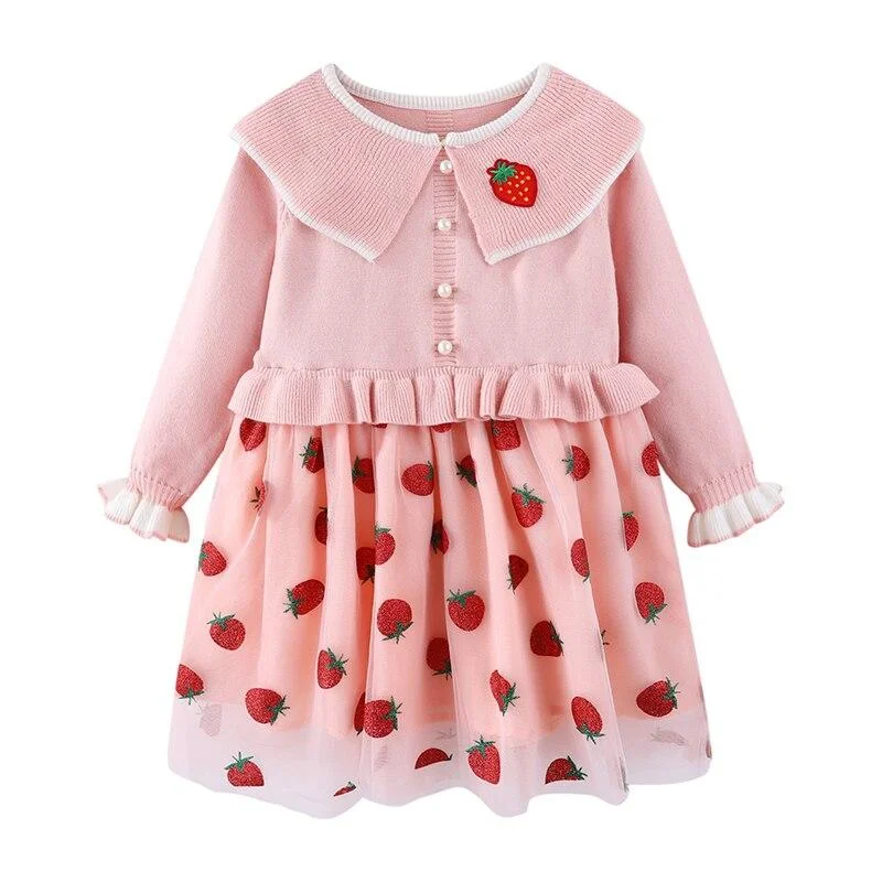 Mudkingdom Collared Ruffle Toddler Girl Sweater Dress Strawberry Tulle Spring Knit Dresses for Girls Cute Boutique Clothes Fall
