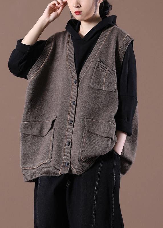 Spring New Coffee Women's Korean Large Multi Pocket Knitted Vest