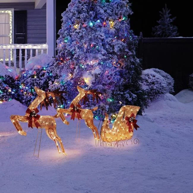 technology-Golden Reindeer & Sleigh Pre-Lit Christmas Lawn Décor - Warm White