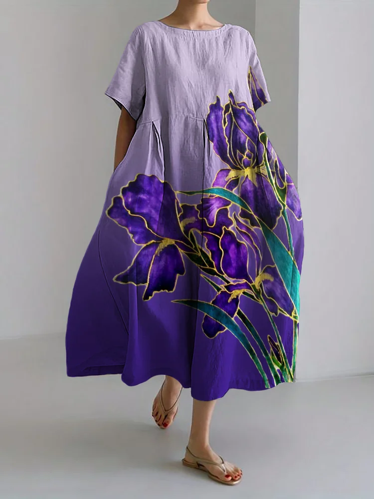 VChics Classy Irises Gradient Flowy Linen Blend Maxi Dress