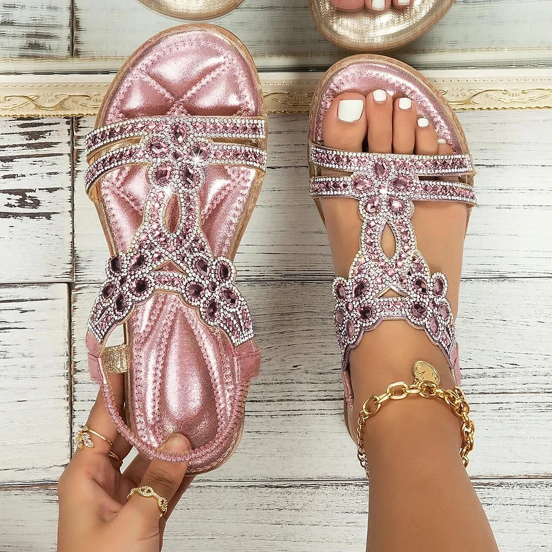 Women's Rhinestone Bohemian Beach Elastic Strap Slingback Sandals Shoes