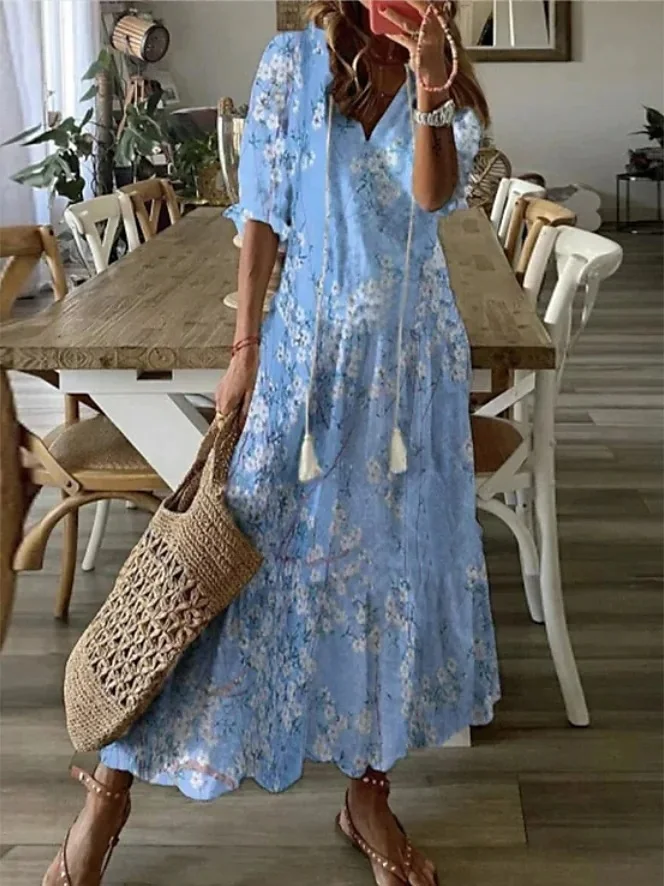 Casual Loose V-neck Printed  Long Dress