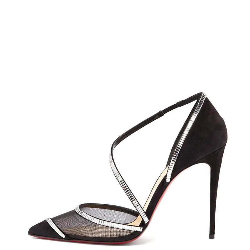 TAAFO Black Red Sole Stilettos High Heels Women Pumps Crystal Strap Ladies Evening Party Shoes 