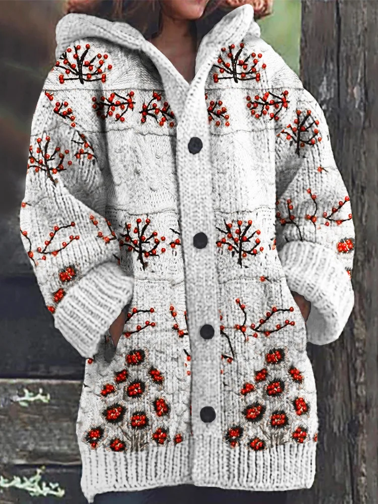 Red Floral Art Pattern Women's Hooded Knit Long Cardigan