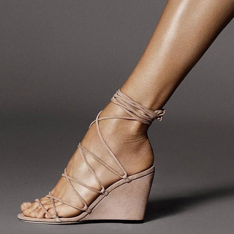 TAAFO Nude Cross Tied Woman Sandals High Wedges Heels Roman Concise Ankle Strap Casual 