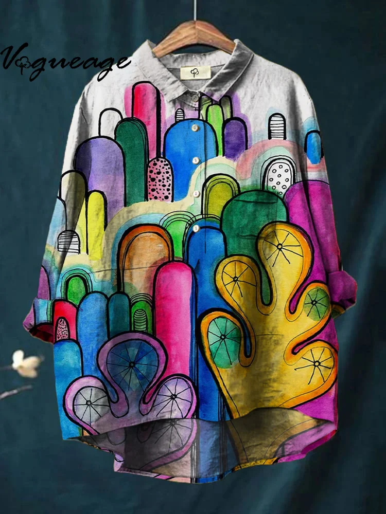 Colorful Plant Cactus Print Cotton And Linen Shirt