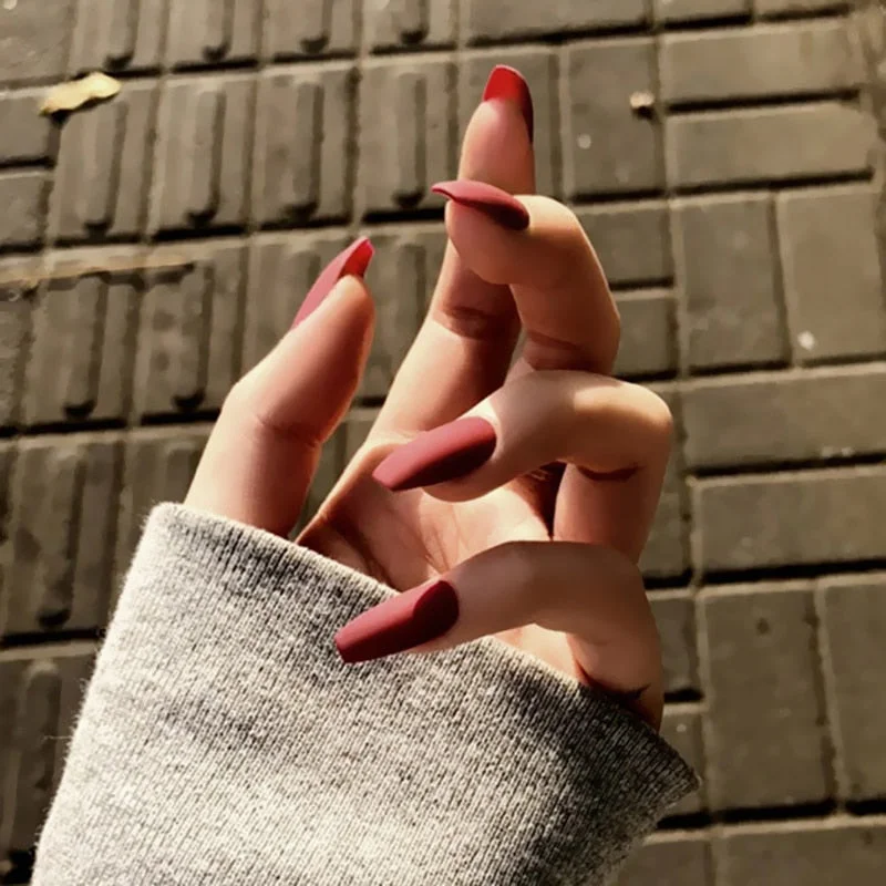 24pcs/set Red Frosted Ballet Medium Length Fake Nails with Glue Fashion Pure Color Nail Patches Women press on nails coffin-Nail Inspo