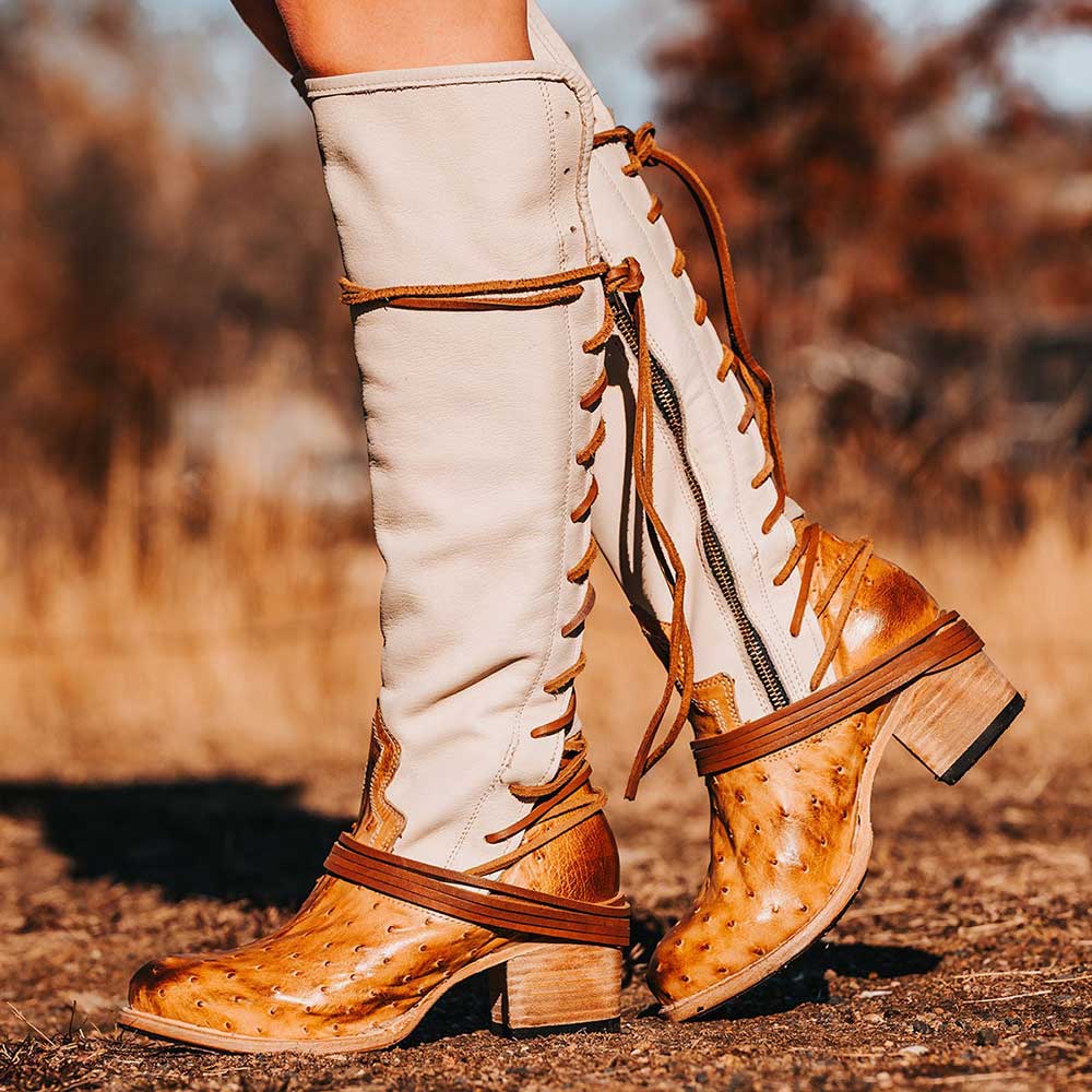 White & Tan Faux Ostrich Leather Lace Up Western Inspired Tall Boots