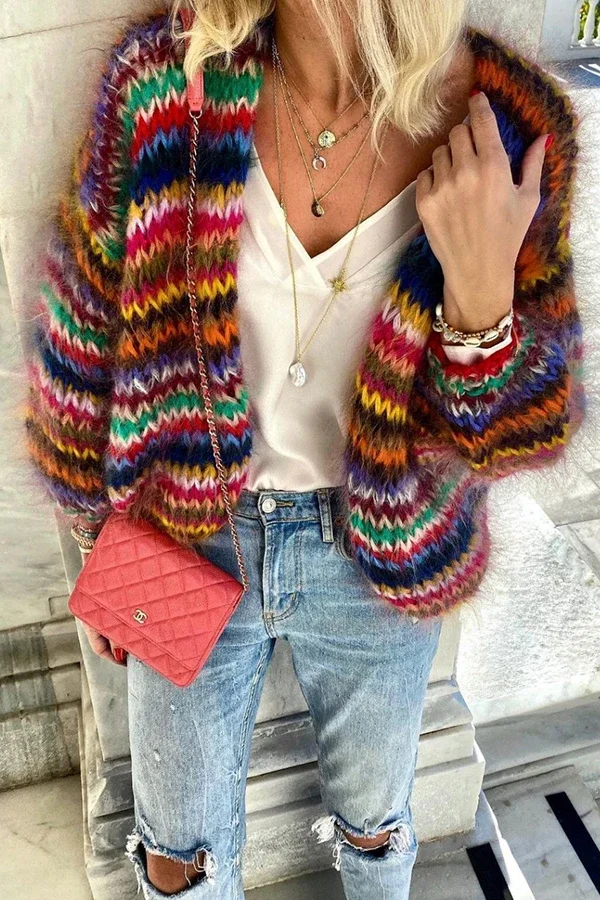 Iridescent Striped Warm Knit Cardigan