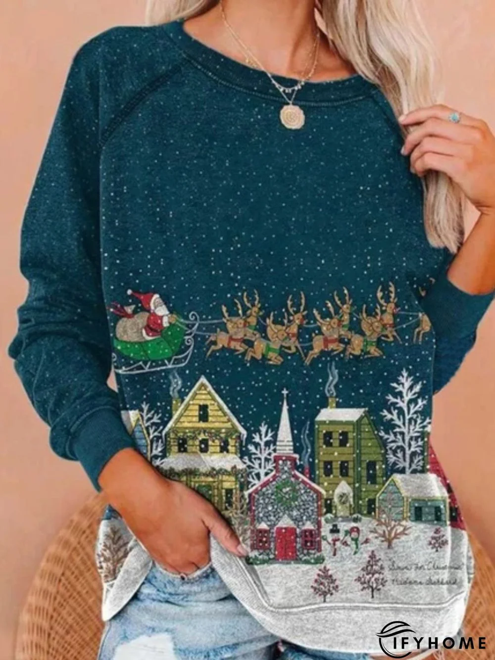 Christmas Xmas Long Sleeve Round Neck Plus Size Printed Top Sweatshirt | IFYHOME