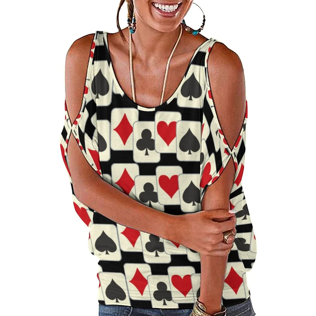 Playing Cards Quartet Cold Shoulder Blouse Tops Loose O-Neck Short Sleeve Tee Shirts Summer Tunic