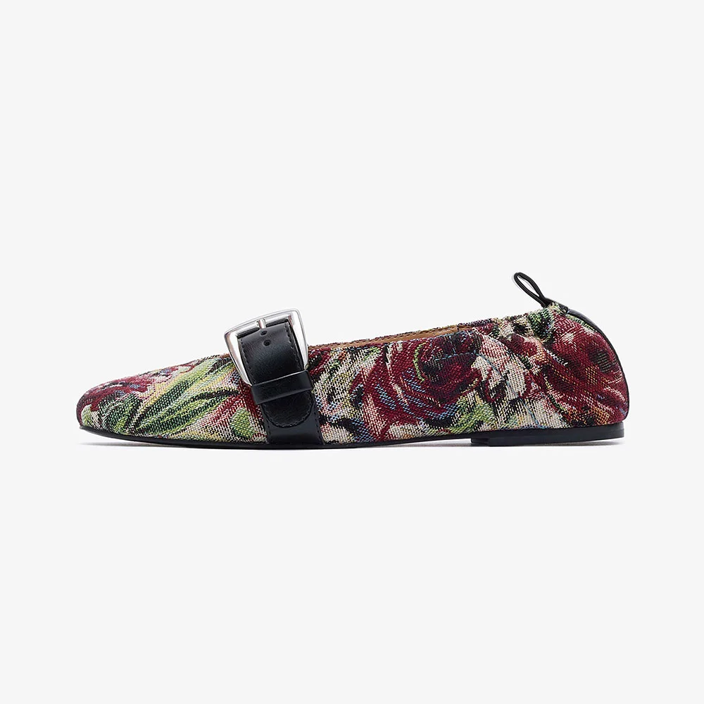 Multicolor Fabric Flats Floral Print Pull Tab Women's Mary Jane Shoes