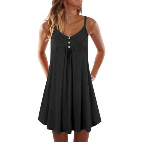 Women Summer Sundress  V Neck Sleeveless Button Pleated Large Hem Sundress Female Boho Knee-length Casual Dress Loose