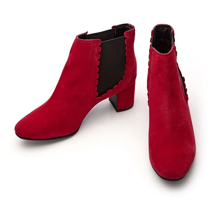 Red Suede Lotus Chelsea Boots Chunky Heels Ankle Booties Vdcoo