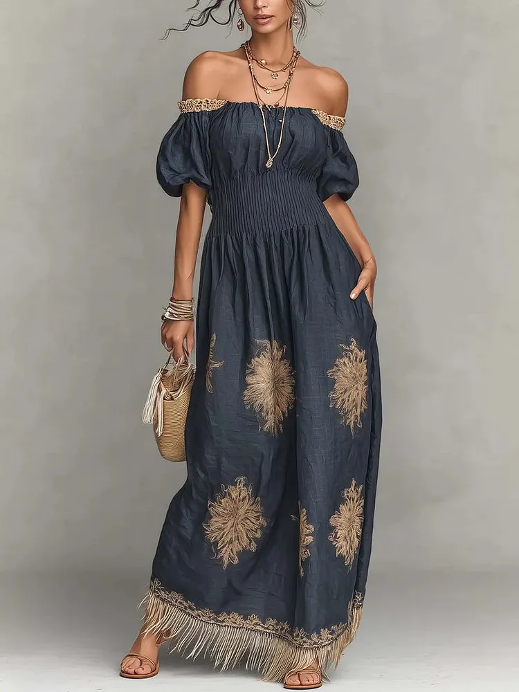 Bohemian Tassel Strapless Linen And Cotton Dress
