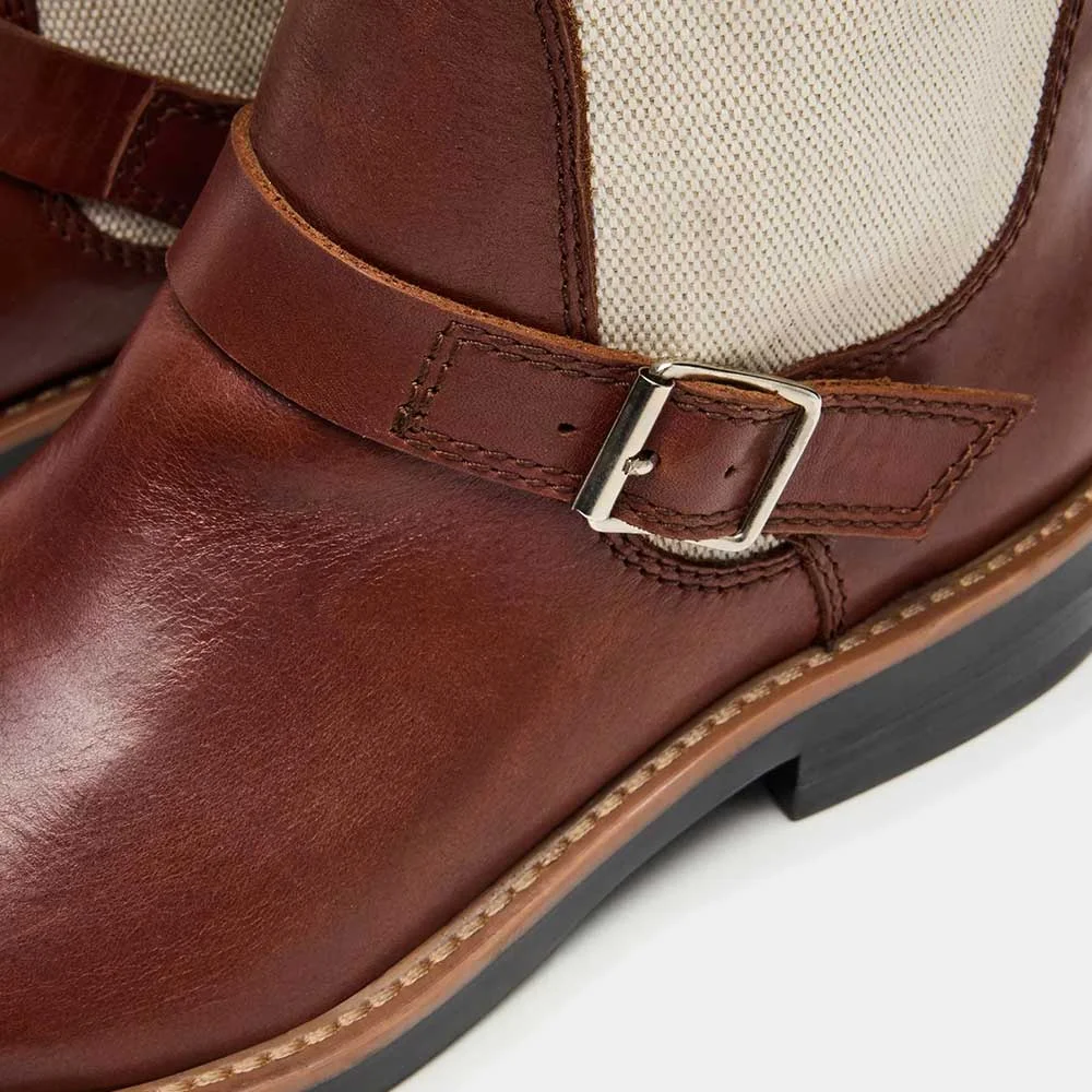 Ivory & Brown Round Toe Buckle Patchwork Wide Calf Knee High Boots