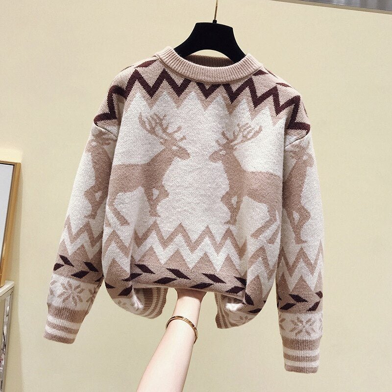 Deer autumn and winter knit sweater women Korean style loose and lazy style pullover long sleeve o neck