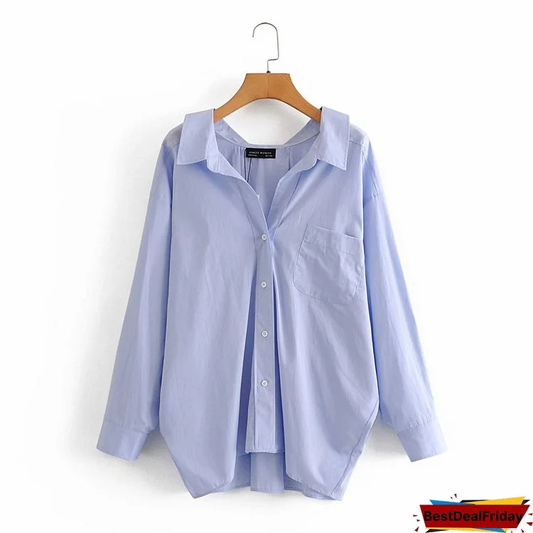 Women Casual Za Blue Loose Poplin Shirts Oversize Tops