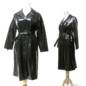pornhint Pornhint 1960s Black Vintage Trench Coat, Travelcoats by Naman, Vintage Mod Go Go Style, Shiny Black Raincoat, Fetish Style