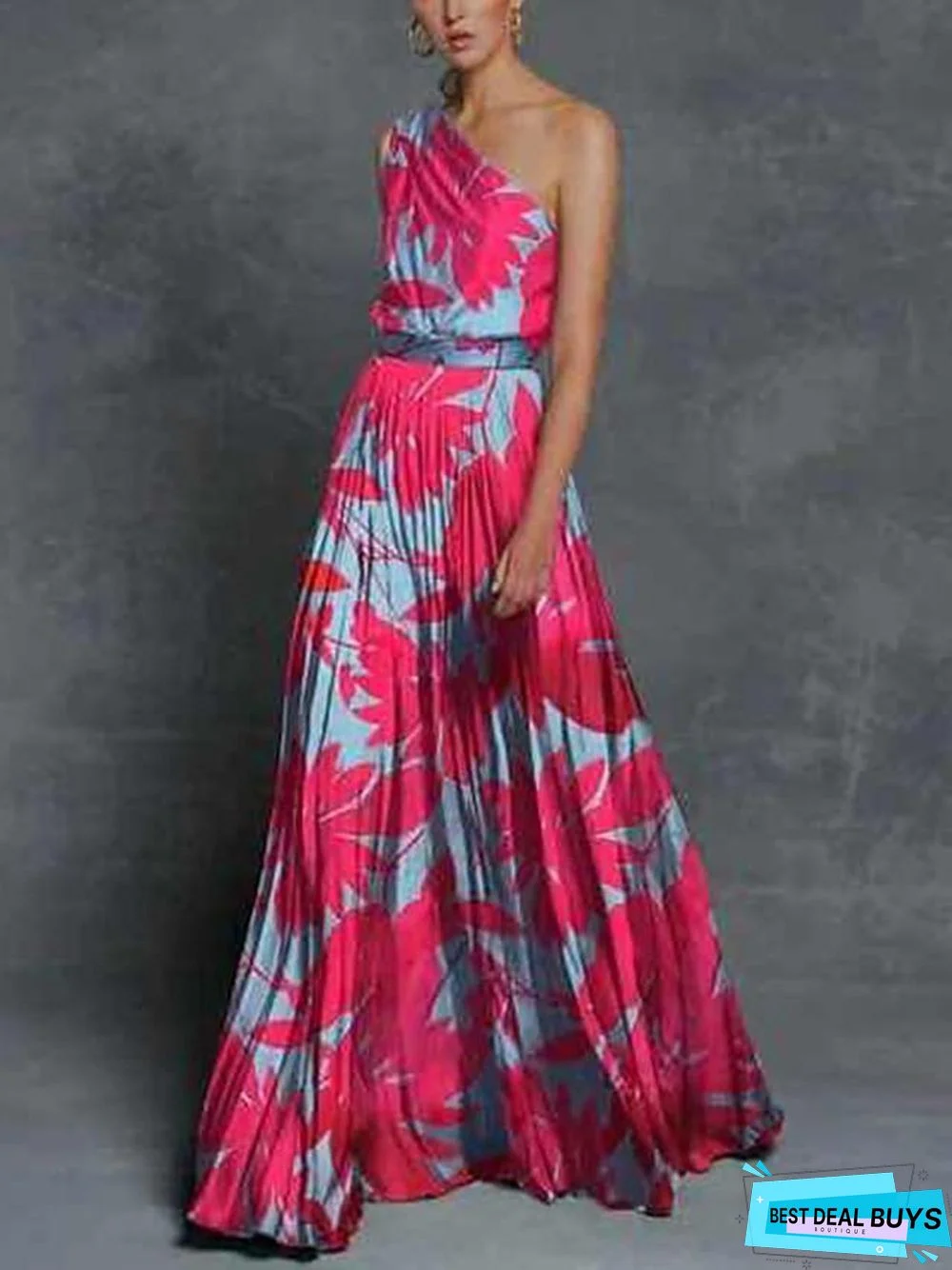 Women's Swing Dress Maxi Long Dress Sleeveless Print Trees / Leaves Spring & Summer One Shoulder Hot Holiday Beach Vacation Dresses Green Rose Red