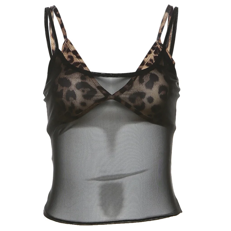 Uveng 2024 Summer New Women's Mesh Perspective Vest Leopard-Print Sling Bag Hip Skirt Suit