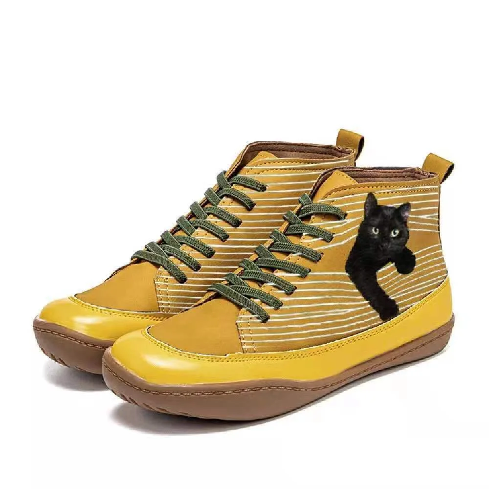 New Products In Autumn and Winter of 2022 Women&amp;#39;s Fashion Striped Cat Flat Shoes with High Top and Lace Up Stitching
