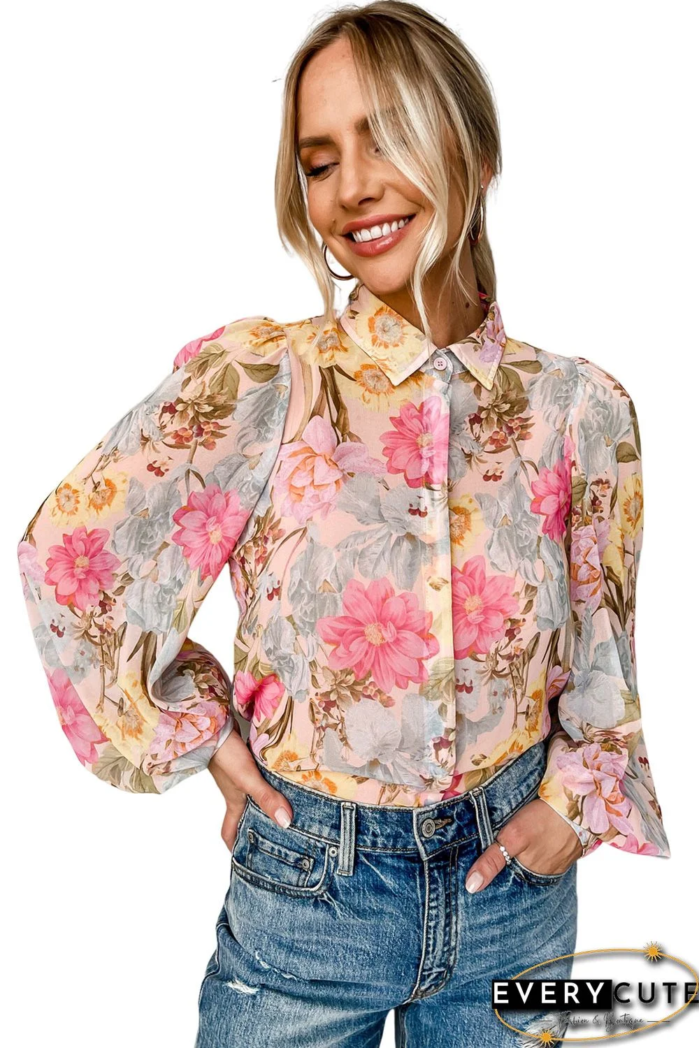 Pink All Floral Puff Sleeve Collared Shirt