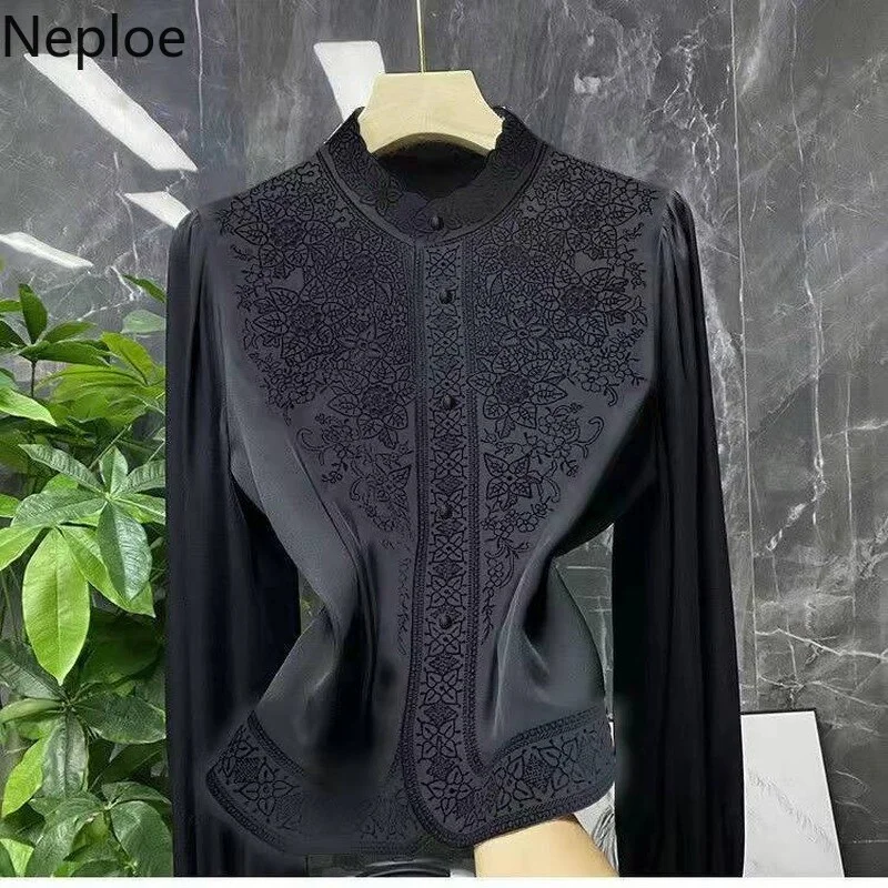 Toloer Blouses Womens Clothes Tops Vintage Blusas De Mujer Stand Collar Embroidery Blouse Korean Fashion Long Sleeve Shirt