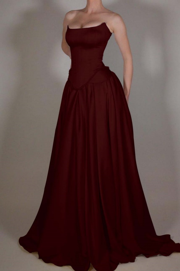 Ovlias Burgundy Straight Across Empire Prom Dress Long Pleated with Beadings MS0329