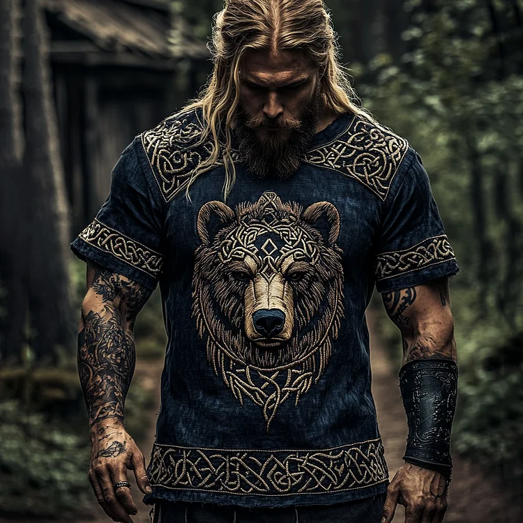 Retro Nordic Viking Mythology Bear Head Contrast Celtic Shirt