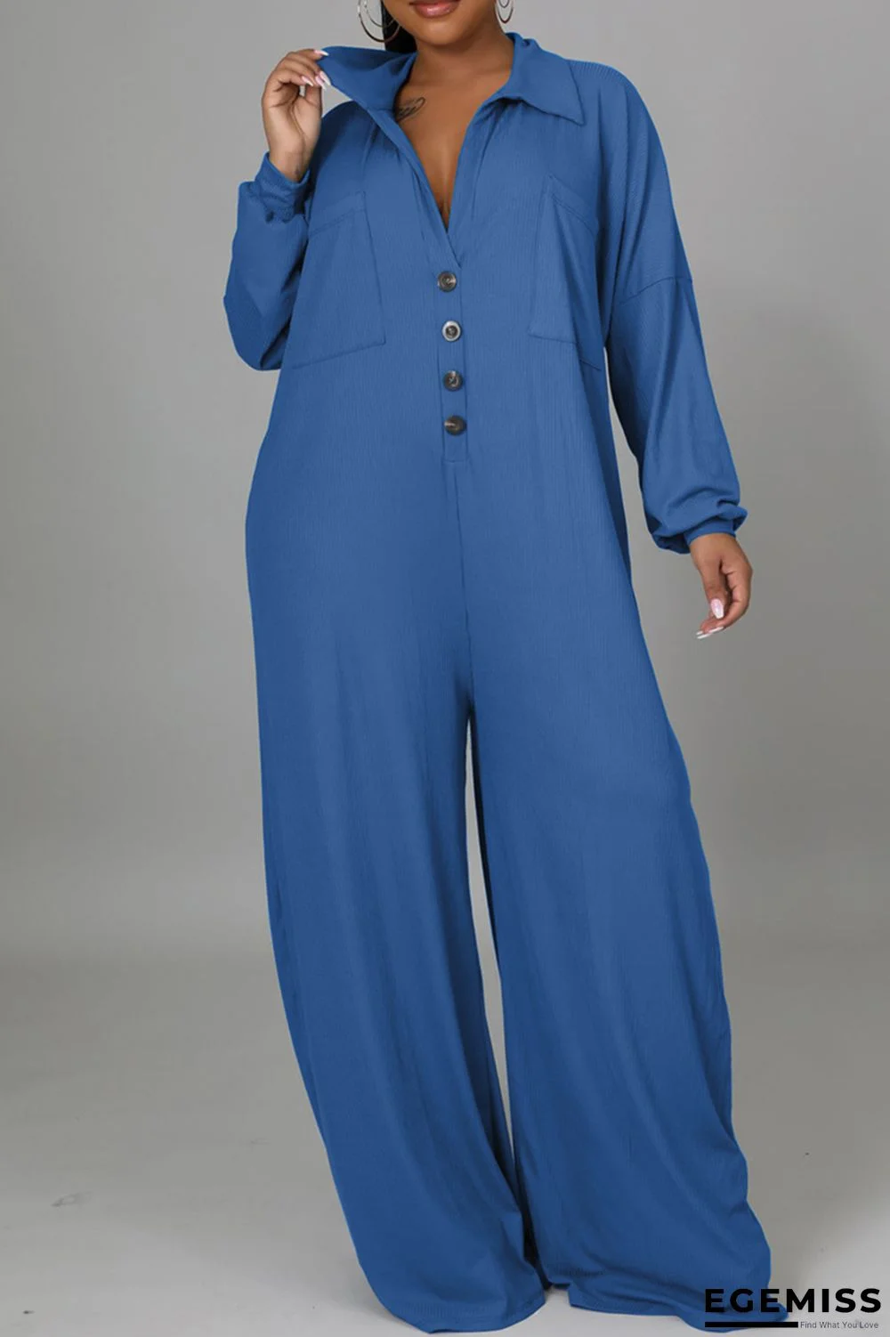 Blue Fashion Casual Solid Patchwork Turndown Collar Regular Jumpsuits | EGEMISS