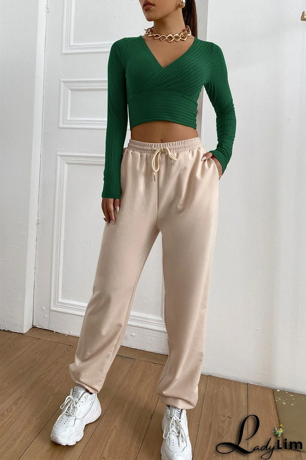 Green Fashion Casual Solid Patchwork V Neck Tops