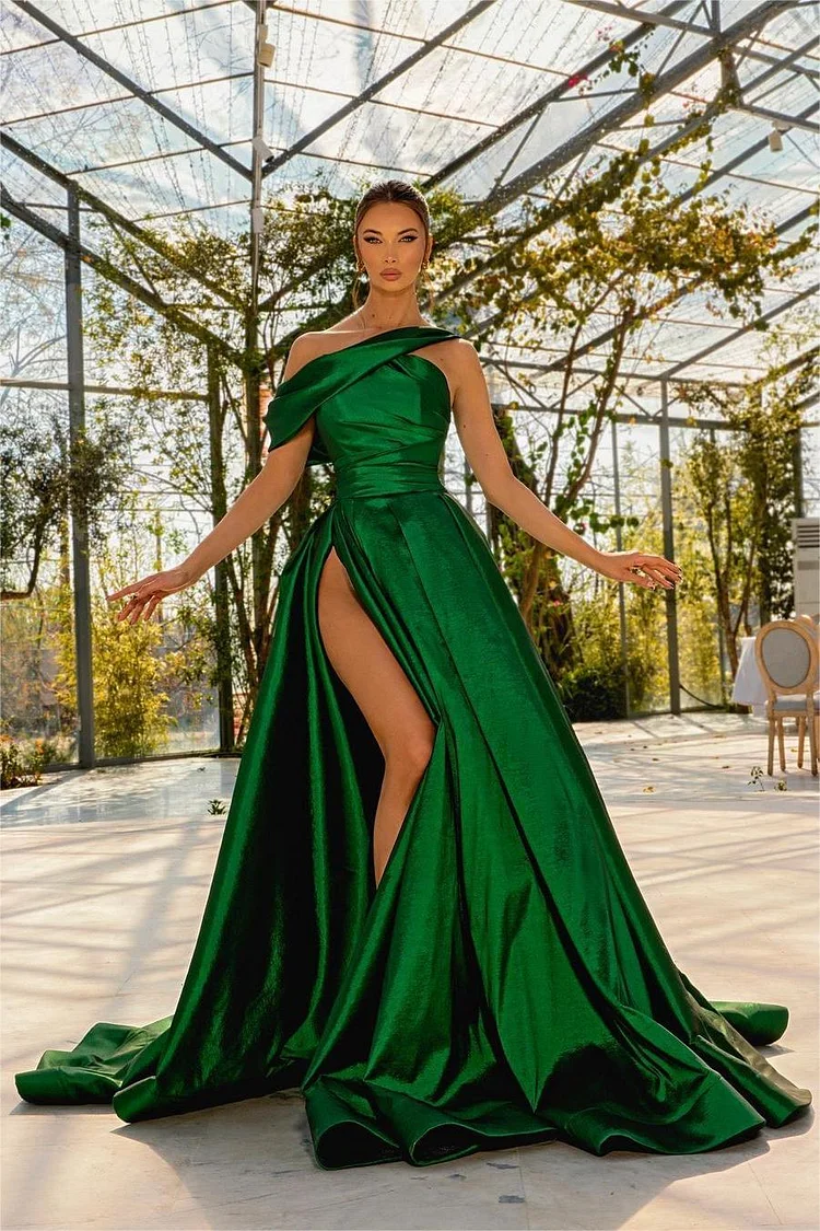 Hellodresses Glamorous Dark Green One Shoulder Sleeveless Pleated Prom Dress With Split