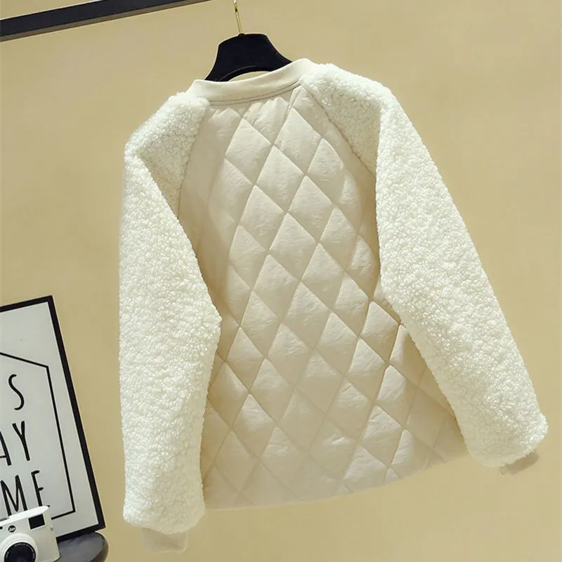 Short cotton jacket women autumn winter lambswool splice parka plus size loose warm outerwear female cotton-padded jackets 3293