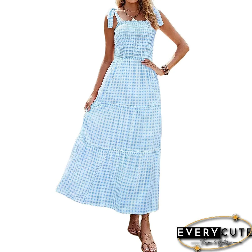 Light Blue Smocked Bohemia Plaid Print Tiered Maxi Dress