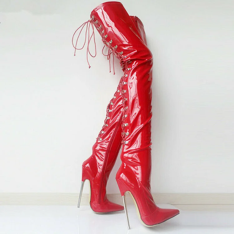 Custom Made Red Patent Leather Killer Heel Thigh High Boots |FSJ Shoes
