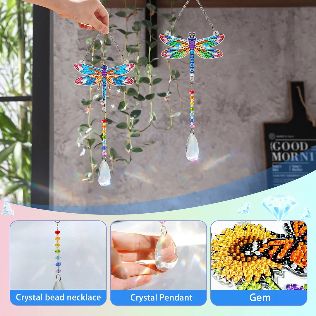 2Pcs Dragonfly DIY Double-Sided Diamond Painting Hanging Kits Diamond Painting Suncatcher Craft Kit for Home Garden Wall Decor Gift