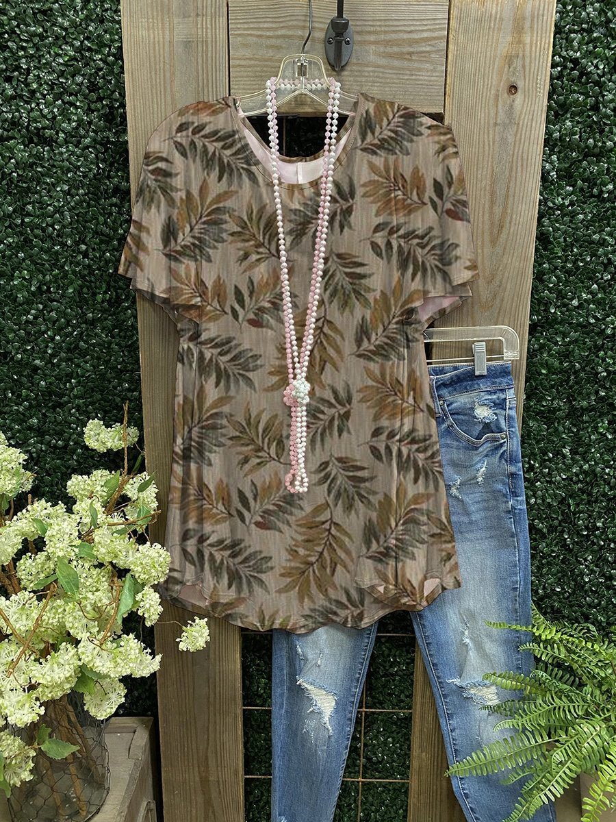 Vintage Leaf Print Casual T-shirt