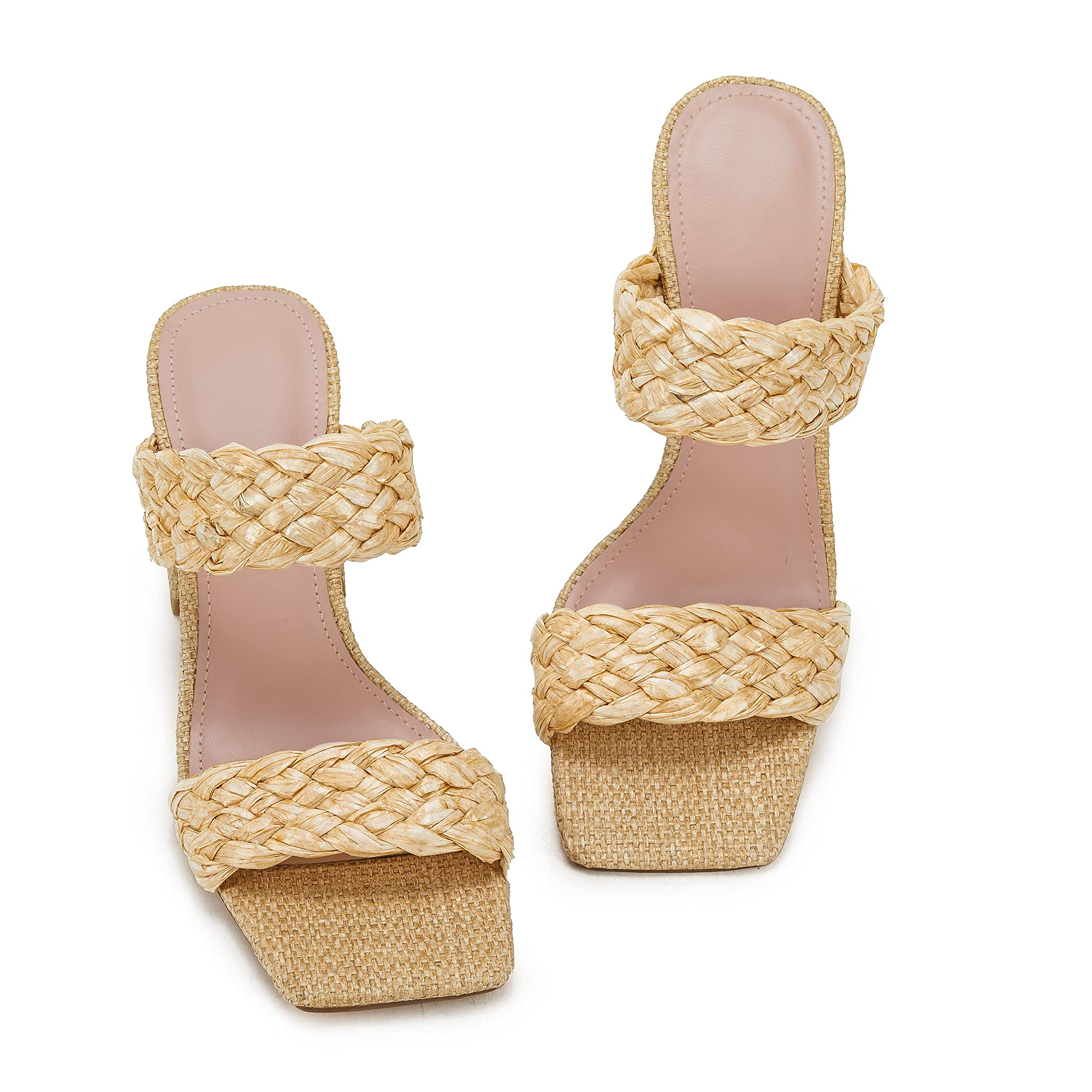 Women's Backless Square Open Toe Block Strappy Braided Heeled Sandals Yellow-vocosishoes