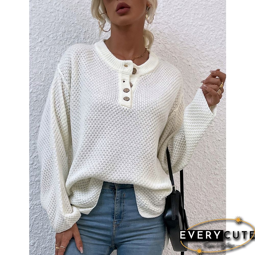 Beige Button-up Crew Neck Drop Shoulder Knit Sweater