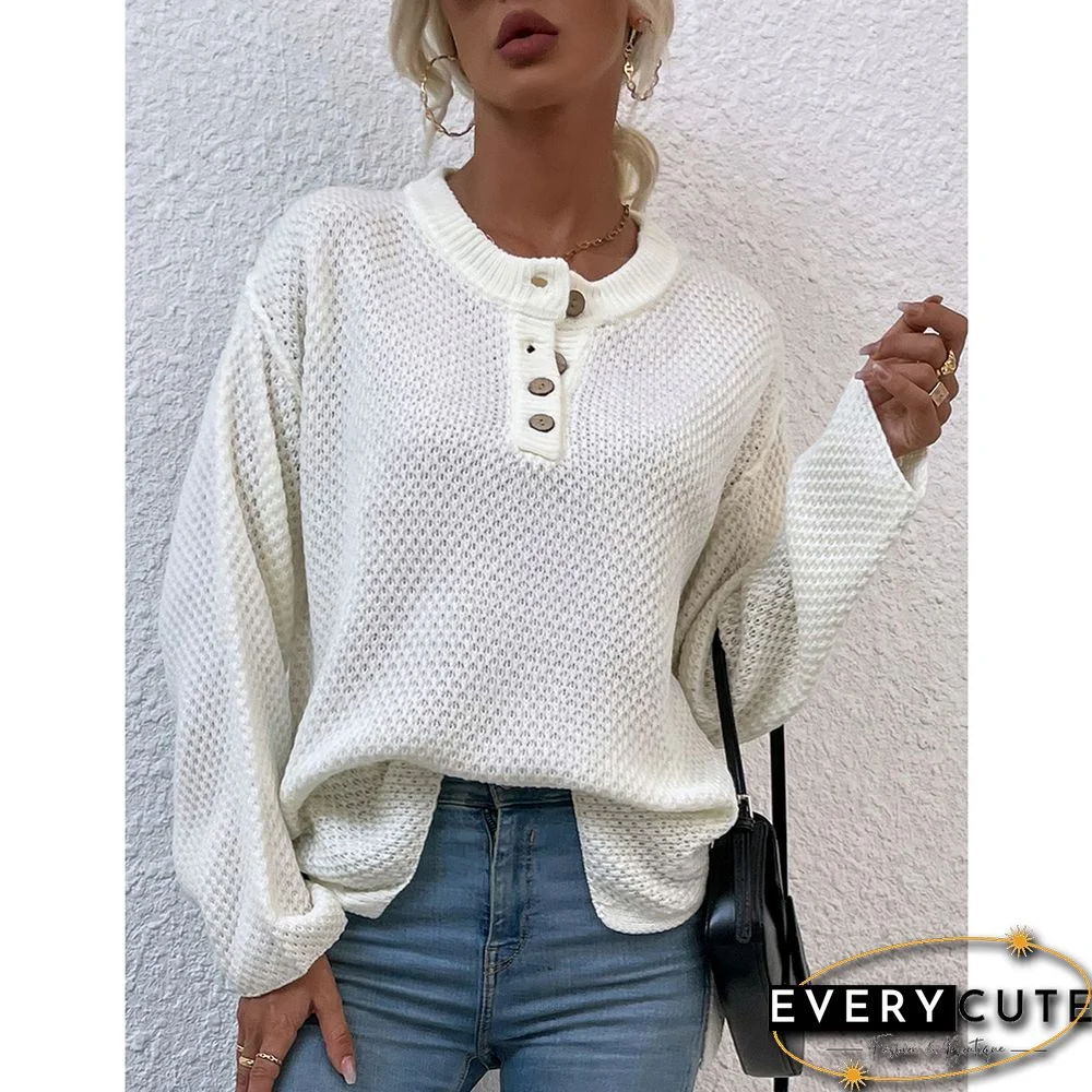 Beige Button-up Crew Neck Drop Shoulder Knit Sweater
