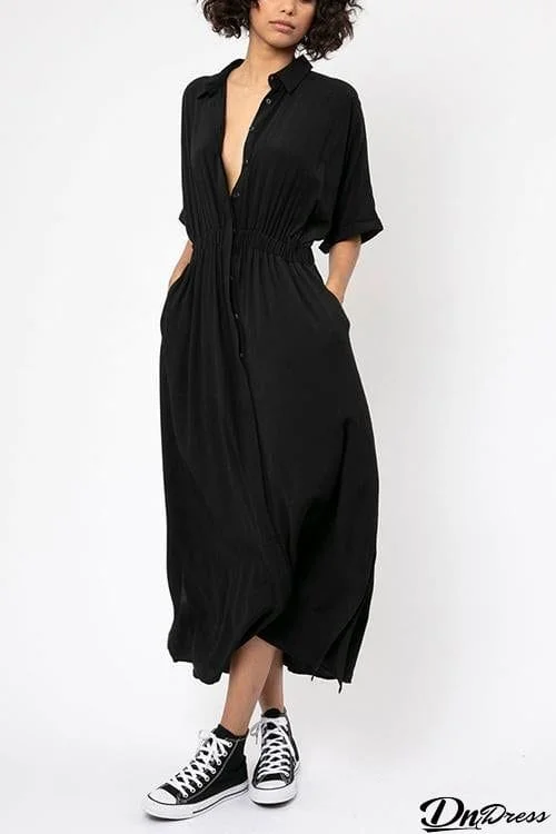 Button Pockets Elastic Waist Cover Dress