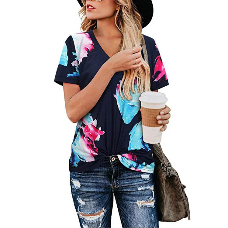 Women's Loose V-Neck Printed Short Sleeve T-Shirt