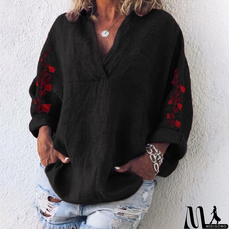 MidiSono - Loose Long Sleeve V-Neck Shirt