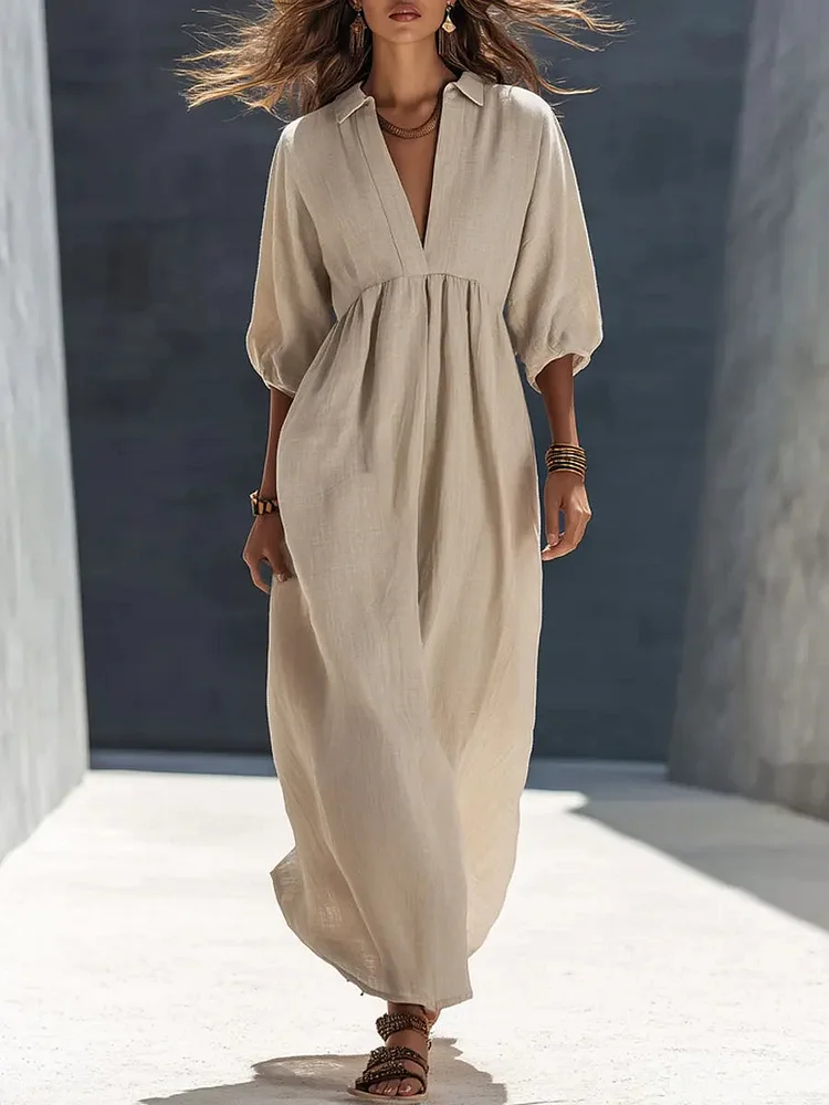 Women's V-neck Mid-sleeve Cotton And Linen Dress