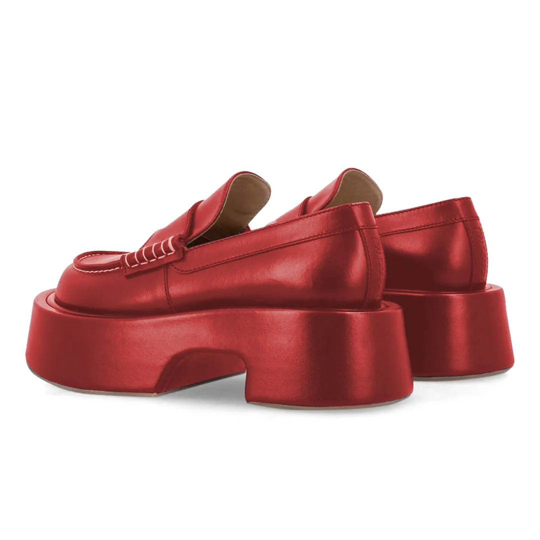 Simple Red Vegan Leather Round Toe Platform Loafers Women